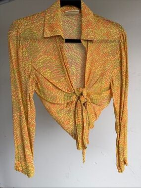 Cache Yellow & Pink Tie-Front Button Down Shirt